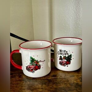 Festive Red Truck Christmas Ceramic Mug - White and Red Holiday Coffee Cup Set 2